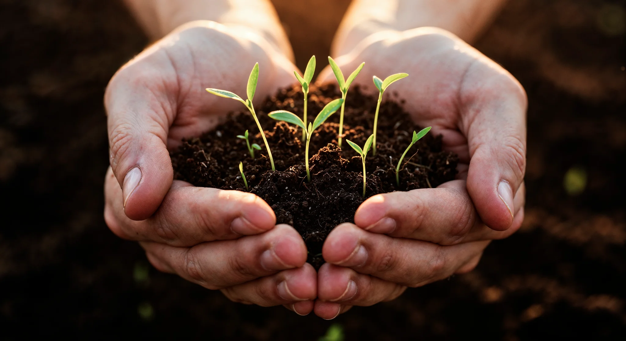Mãos segurando terra com broto de planta
