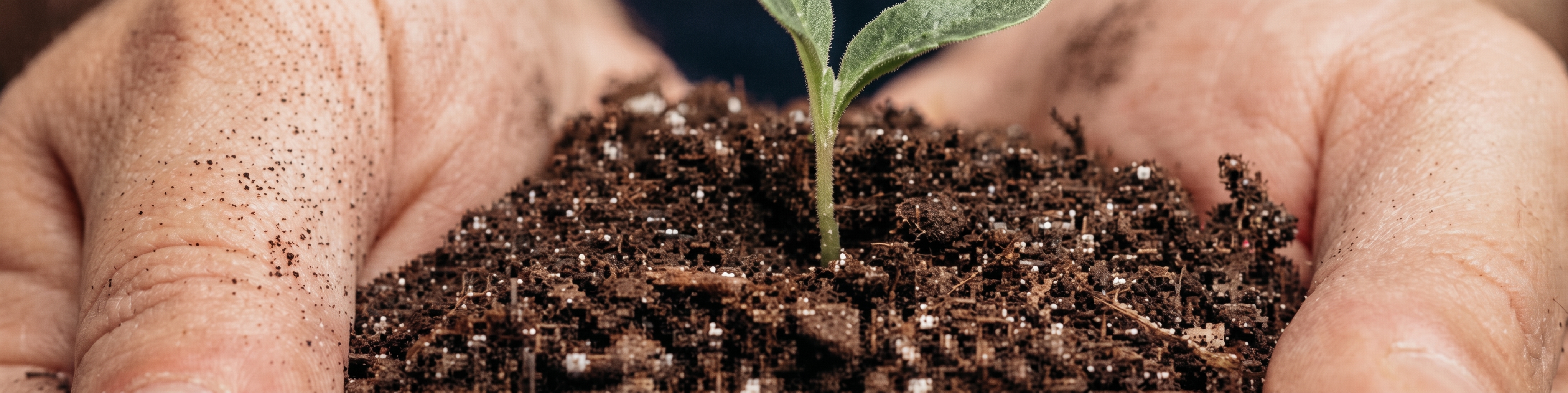 Mãos segurando terra com broto de planta